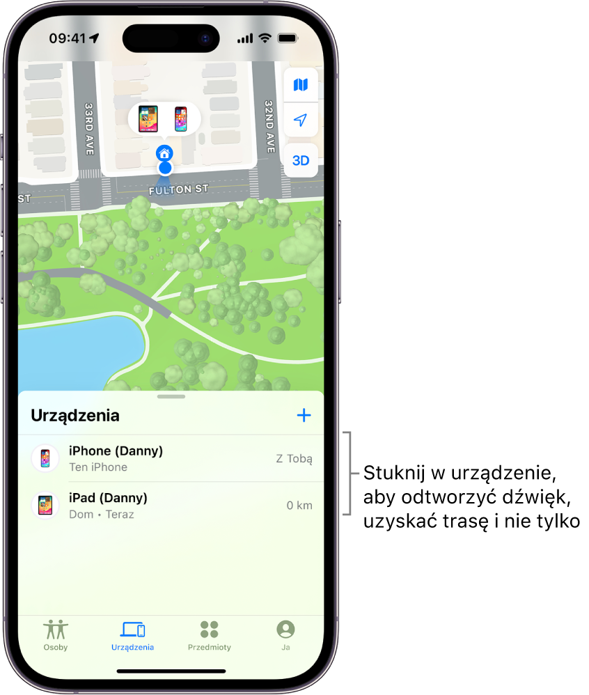 Lista Urządzenia w aplikacji Znajdź. Na liście widoczne są dwa urządzenia: iPhone (Daniel) oraz iPad (Daniel). Ich położenie jest wyświetlane na mapie.