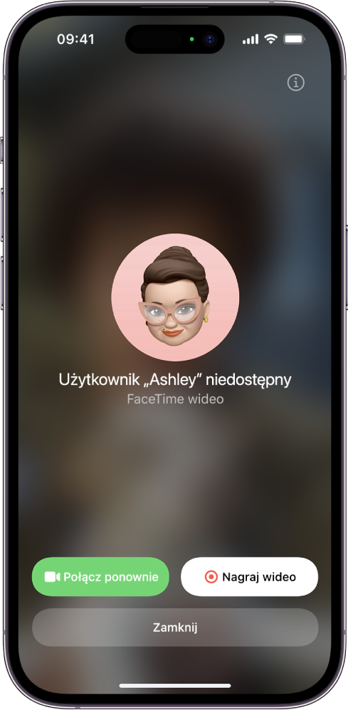 Ekran nagrywania wiadomości wideo, gdy osoba, do której dzwonisz, jest niedostępna. Widoczny jest przycisk Połącz ponownie oraz przycisk Nagraj wideo. Możesz stuknąć w Nagraj wideo, aby nagrać wiadomość wideo.