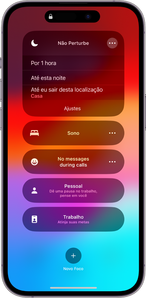 A tela para escolher por quanto tempo o Não Perturbe ficará ativado; as opções são “Por 1 hora”, “Até esta noite” e “Até eu sair desta localização”.