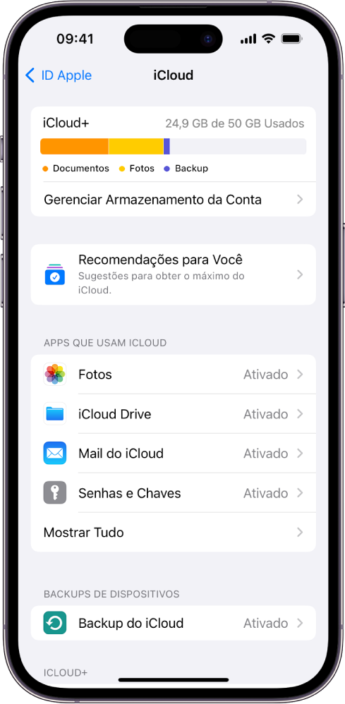 Tela dos ajustes do iCloud mostrando o medidor de armazenamento do iCloud e uma lista de apps e recursos, incluindo Fotos, iCloud Drive e Mail do iCloud, que podem ser usados com o iCloud.