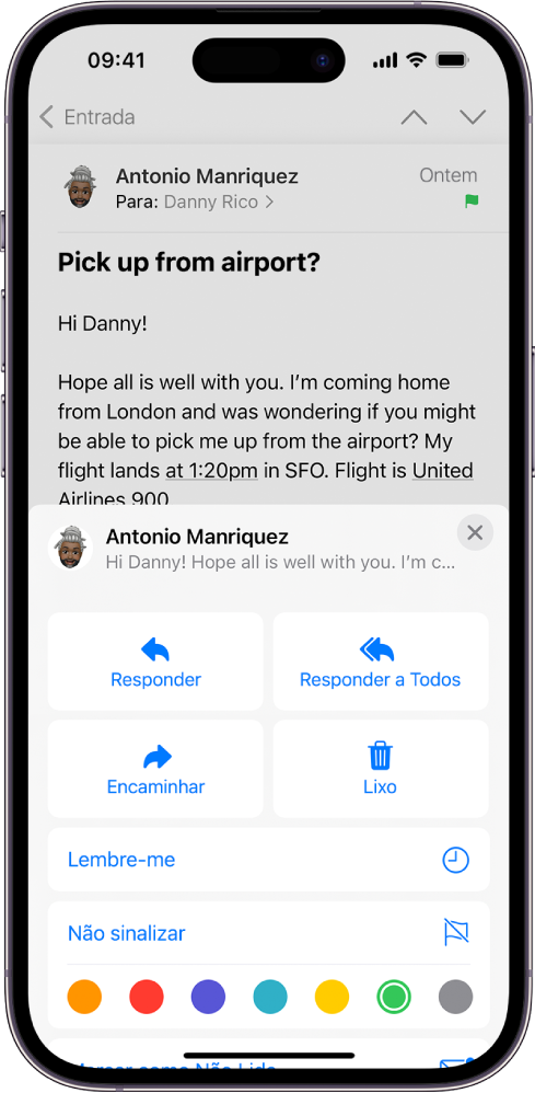 Um e-mail mostrando opções de resposta na metade inferior da tela, incluindo o botão Não Sinalizar e opções de cores para sinalização.