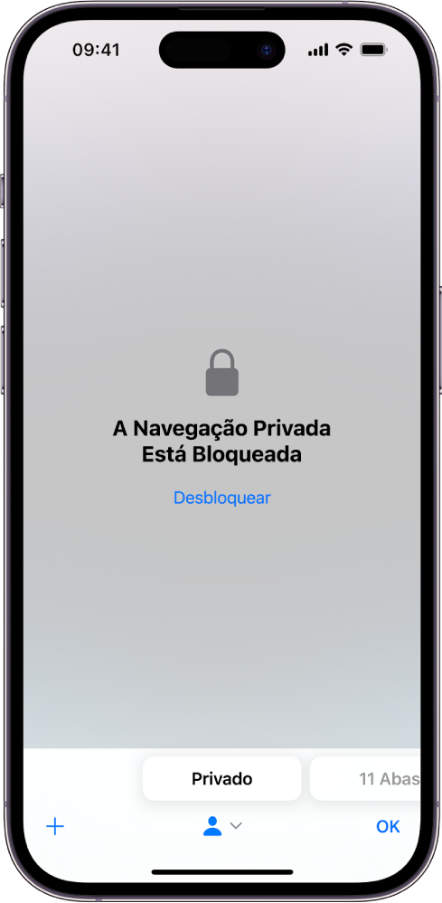 O Safari está aberto na Navegação Privada. No centro da tela, a frase A Navegação Privada Está Bloqueada. Abaixo disso, o botão Desbloquear.