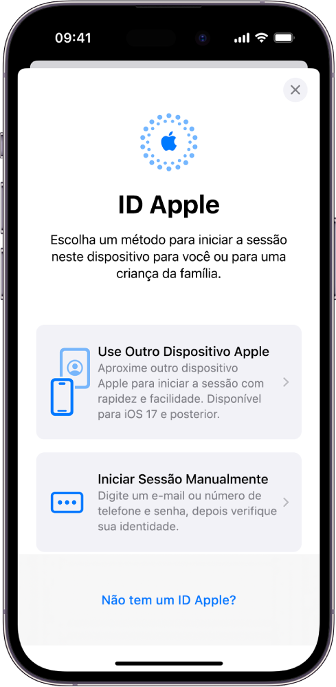 O diálogo de início de sessão do ID Apple, com opções para iniciar a sessão usando outro dispositivo Apple, iniciar a sessão manualmente ou para quem não tem um ID Apple.