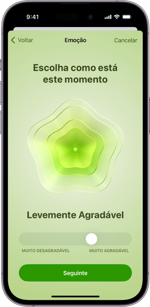 Tela no app Saúde que identifica o humor atual como Levemente Agradável. Na parte inferior da tela, um controle deslizante para ajustar o nível da emoção.