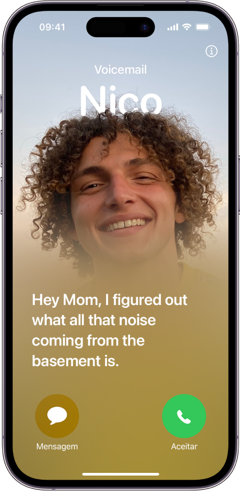 Uma transcrição de voicemail em tempo real está no ecrã de chamada do iPhone. Na parte inferior do ecrã encontram-se os botões para enviar uma mensagem ou aceitar a chamada.