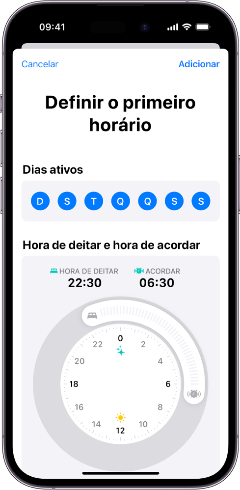 O ecrã “Definir o primeiro horário” na aplicação Saúde, com a secção “Dias ativos” e um relógio de “Hora de deitar e hora de acordar”.