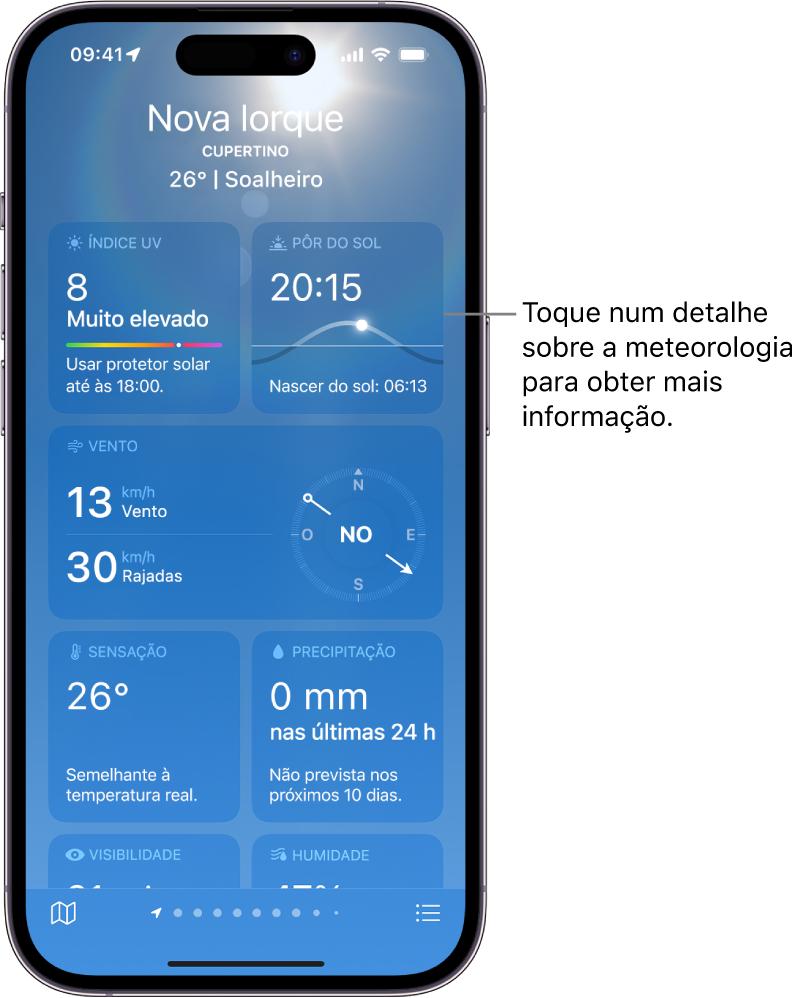 O ecrã da aplicação Meteorologia mostra a localização na parte superior, a temperatura atual e o estado do tempo. O resto do ecrã contém detalhes do estado do tempo para os seguintes elementos: qualidade do ar, precipitação, índice UV e pôr do sol.