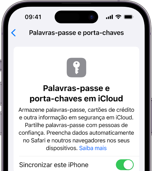 O ecrã Palavras-passe e Porta-chaves em iCloud, com uma definição para sincronizar o iPhone.