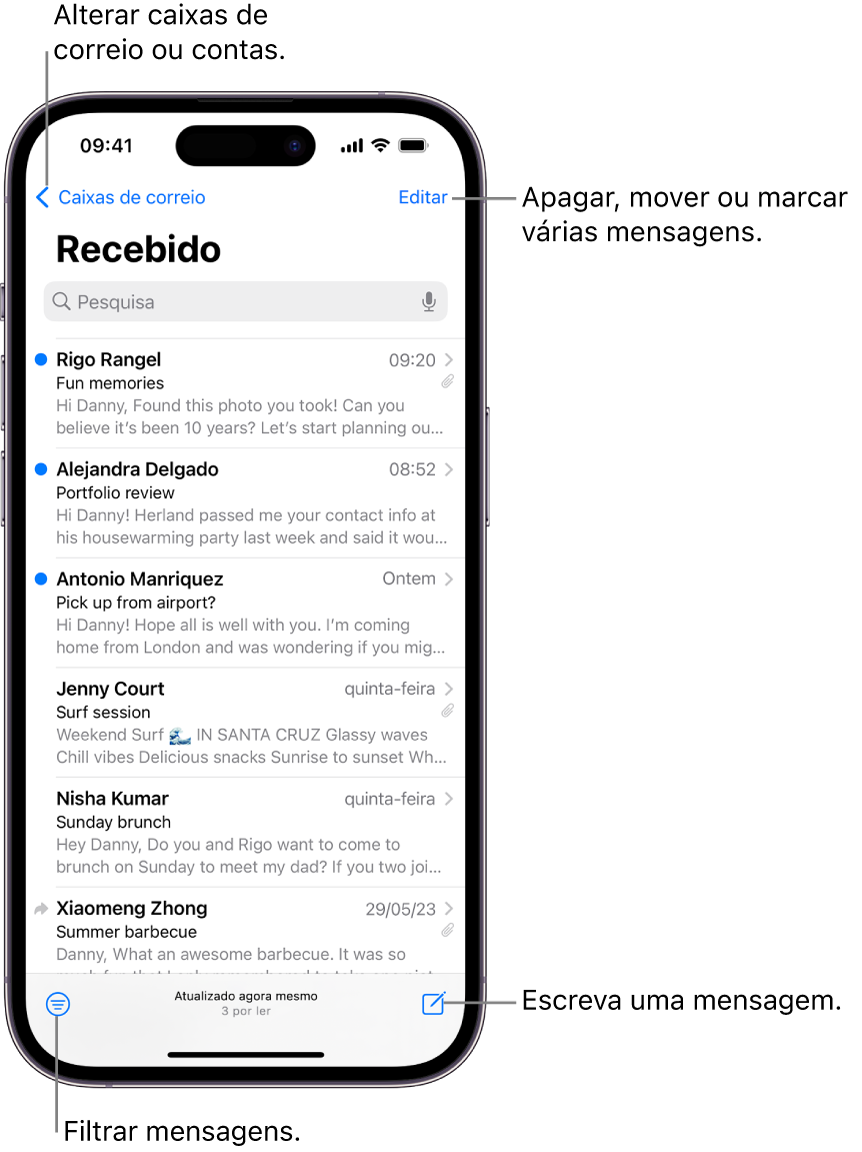 A caixa de entrada da aplicação Mail, com uma lista de e-mails.