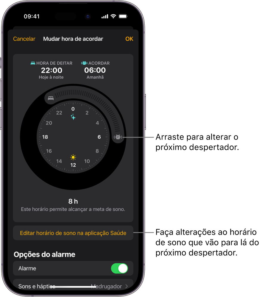 Ecrã para alterar o próximo despertador, com botões para arrastar para alterar a hora de deitar e a hora de acordar, um botão para alterar o horário de sono na aplicação Saúde e um botão para ativar/desativar o despertador.