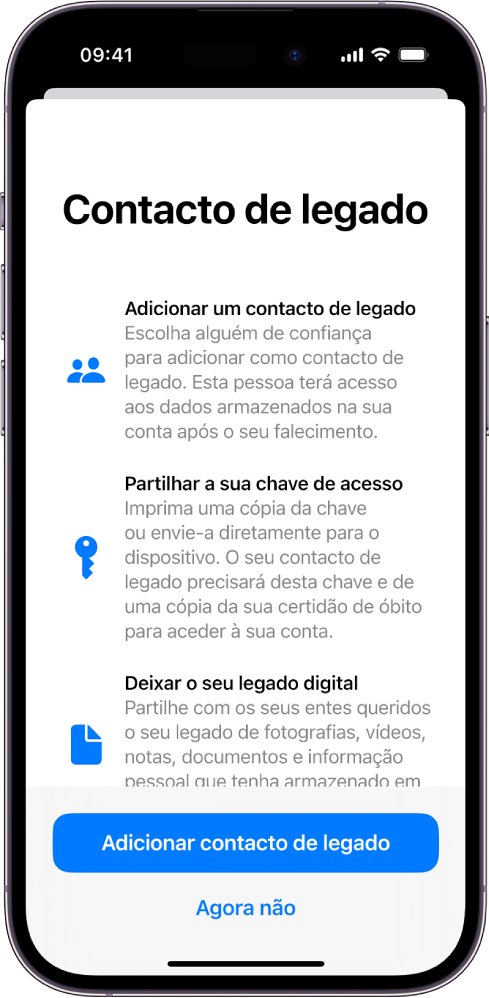 O ecrã “Contacto de legado” com informação acerca da funcionalidade. O botão Adicionar contacto de legado está na parte inferior.