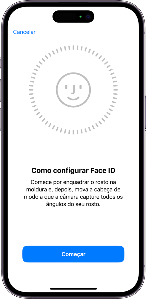 O ecrã de configuração do reconhecimento através do Face ID. No ecrã, está um rosto enquadrado num círculo. Por baixo do rosto, o texto indica ao utilizador que deve mover a cabeça devagar para completar o círculo.