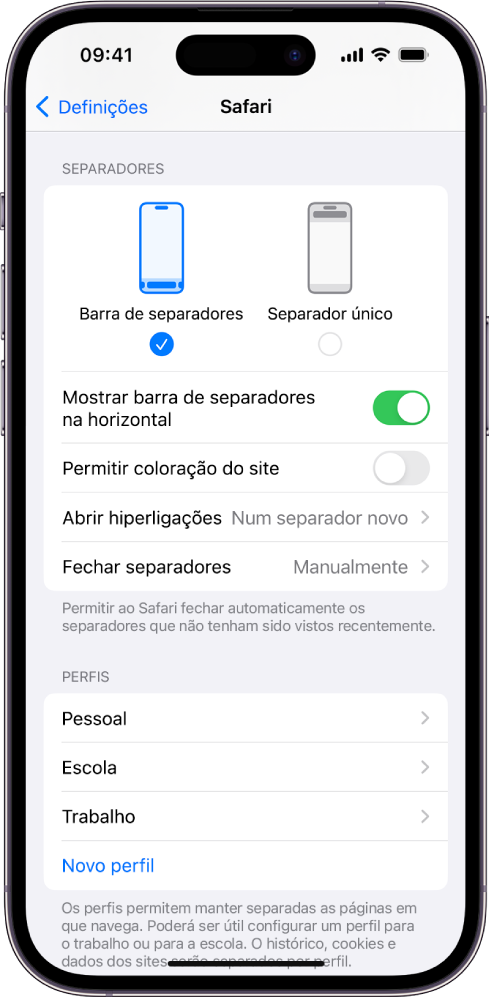 Um ecrã com duas possíveis disposições do Safari: Barra de separadores e Separador único.
