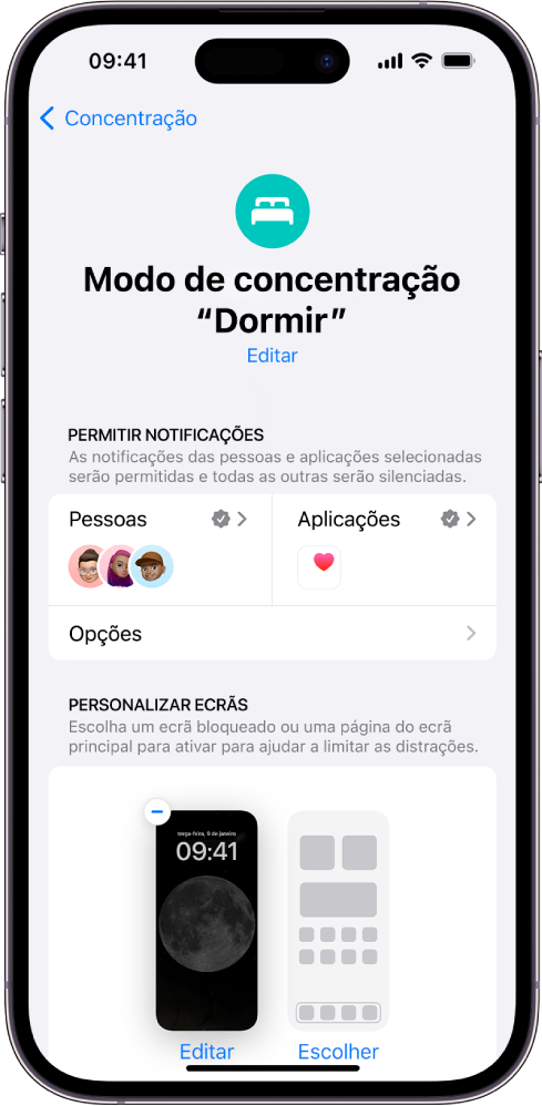 O ecrã Modo de concentração “Dormir” a mostrar que +er permitido a três pessoas e uma aplicação enviarem notificações.