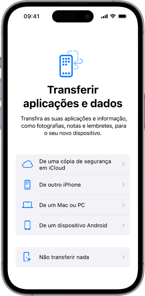 O ecrã de configuração, com opções para transferir as suas aplicações e dados de uma cópia de segurança em iCloud, de outro iPhone, de um Mac ou PC, de um dispositivo Android ou não transferir nada.