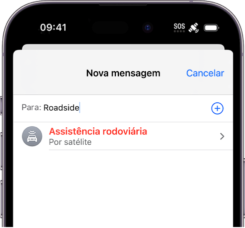 Uma mensagem nova endereçada para “assistência”. Por baixo está uma hiperligação para a assistência rodoviária por satélite.