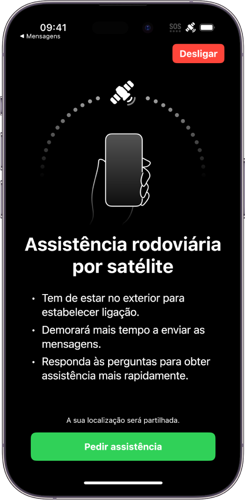 O ecrã Assistência rodoviária por satélite. O botão Pedir assistência está na parte inferior do ecrã.