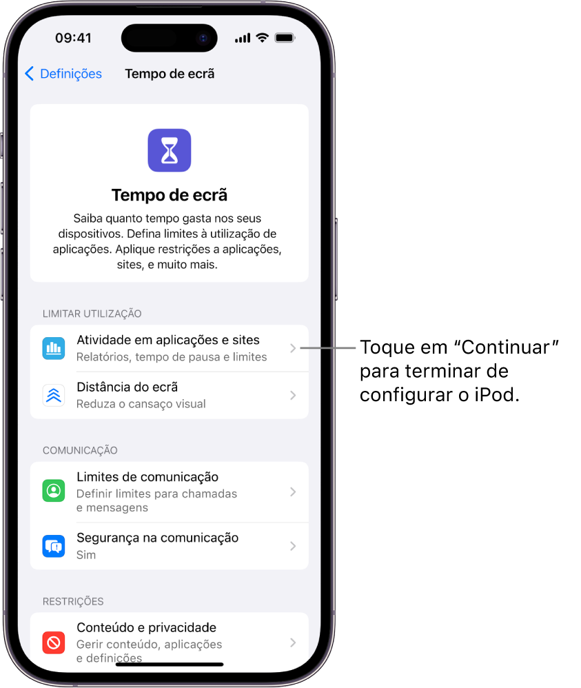 O ecrã para configurar o “Tempo de ecrã” a mostrar o botão “Atividade em aplicações e sites”.