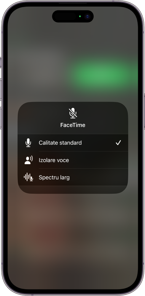 Configurările Microfon din centrul de control pentru apelurile FaceTime, afișând configurările audio Standard, Izolare voce și Spectru larg.