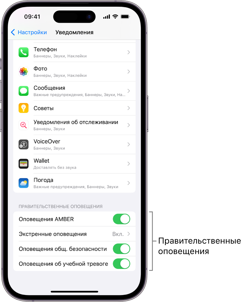 На экране уведомлений показан параметр «Правительственные оповещения», включив который можно получать оповещения от правительства.
