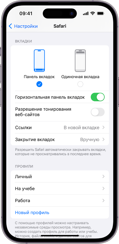 На экране показаны два параметра настройки внешнего вида Safari: «Панель вкладок» и «Одиночная вкладка».