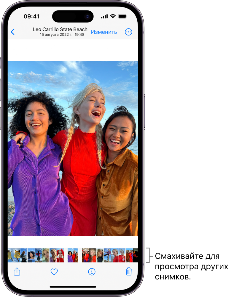 Фотография, вдоль нижней части которой отображаются миниатюры других снимков. В левом верхнем углу находится кнопка «Назад», коснувшись которой можно вернуться к ранее просматриваемому виду. Вдоль нижнего края расположены кнопки «Поделиться», «В Избранное» и «Удалить». В правом верхнем углу находится кнопка «Изменить».