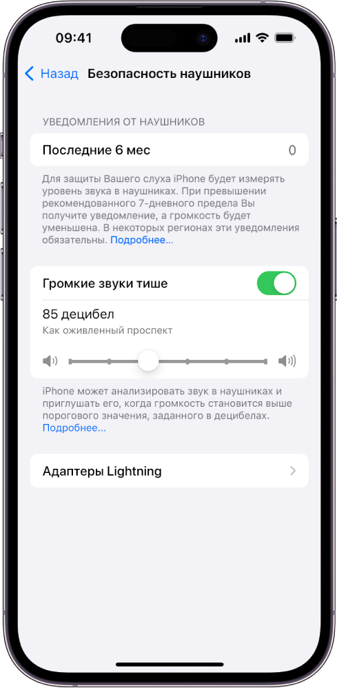 На экране «Безопасность наушников» отображаются: число уведомлений от наушников за последние 6 месяцев, параметр «Громкие звуки тише», бегунок для изменения максимального уровня громкости, а также заданное предельное значение, равное 85 децибелам.