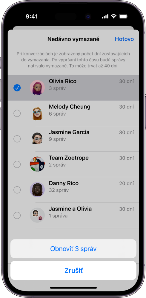 Obnovenie všetkých správ vymazaných v jednej konverzácii.