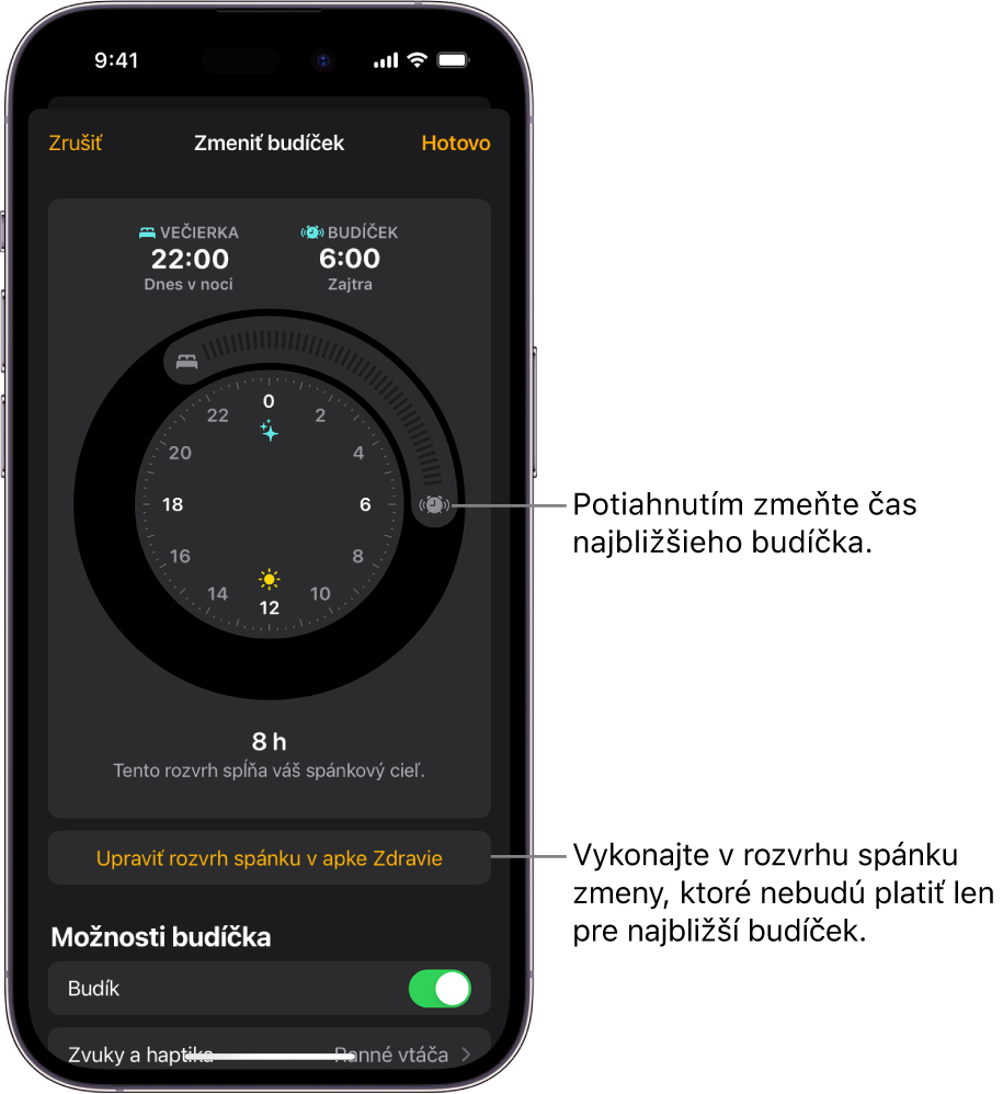 Obrazovka na zmenu zajtrajšieho budíčka s tlačidlami, ktorých potiahnutím môžete zmeniť časy večierky a budenia, tlačidlom na zmenu rozvrhu spánku v apke Zdravie a tlačidlom, ktorým sa budíček vypína a zapína.