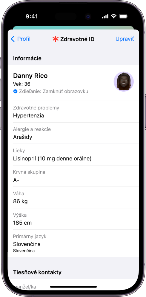 Obrazovka Zdravotné ID, ktorá obsahuje rôzne informácie, ako je napríklad dátum narodenia, zdravotný stav, lieky a tiesňový kontakt.
