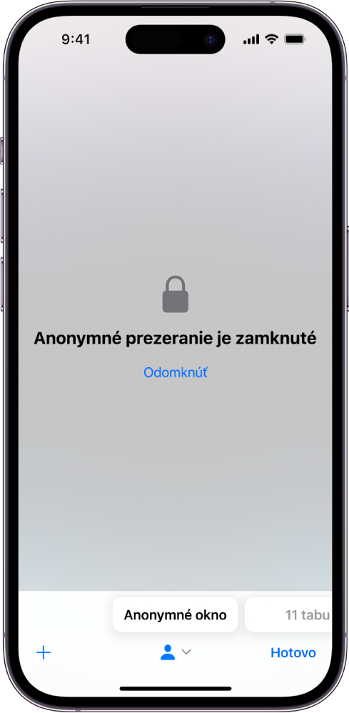 Safari je otvorené v režime anonymného prezerania. V strede obrazovky sú slová Anonymné prezeranie je zamknuté. Pod nimi je tlačidlo Odomknúť.