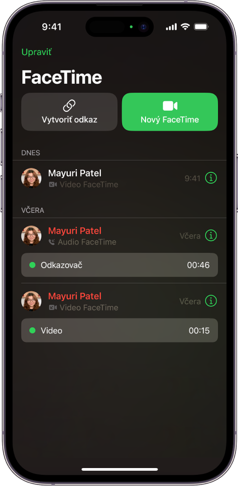 Obrazovka na uskutočnenie FaceTime hovoru zobrazujúca tlačidlo Vytvoriť odkaz a tlačidlo Nový FaceTime na uskutočnenie FaceTime hovoru.
