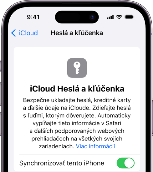 Obrazovka iCloud Heslá a kľúčenka s nastavením synchronizácie pre tento iPhone.