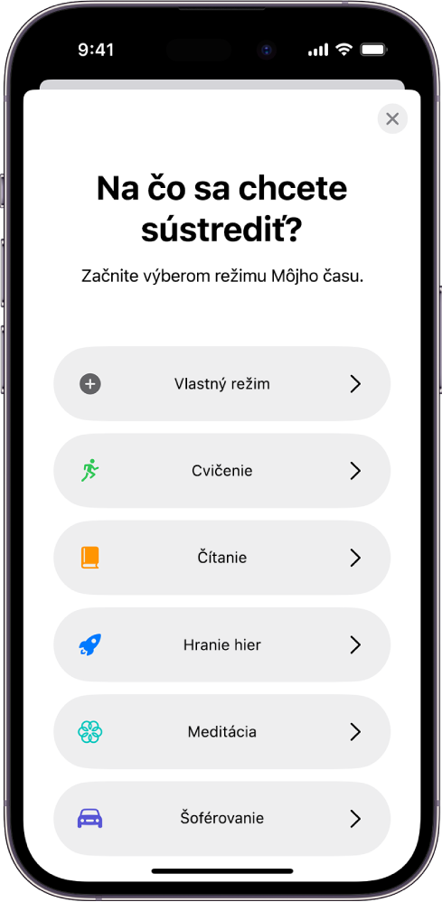 Obrazovka nastavenia režimu Môj čas pre jednu z ďalších dostupných možností režimu Môj čas, medzi ktoré patria možnosti Vlastné, Šoférovanie, Kondícia, Hranie hier, Meditácia a Čítanie.