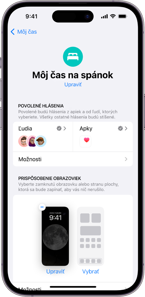 Obrazovka režimu Môj čas na spánok zobrazujúca troch ľudí a jednu apku s povolením posielať hlásenia.