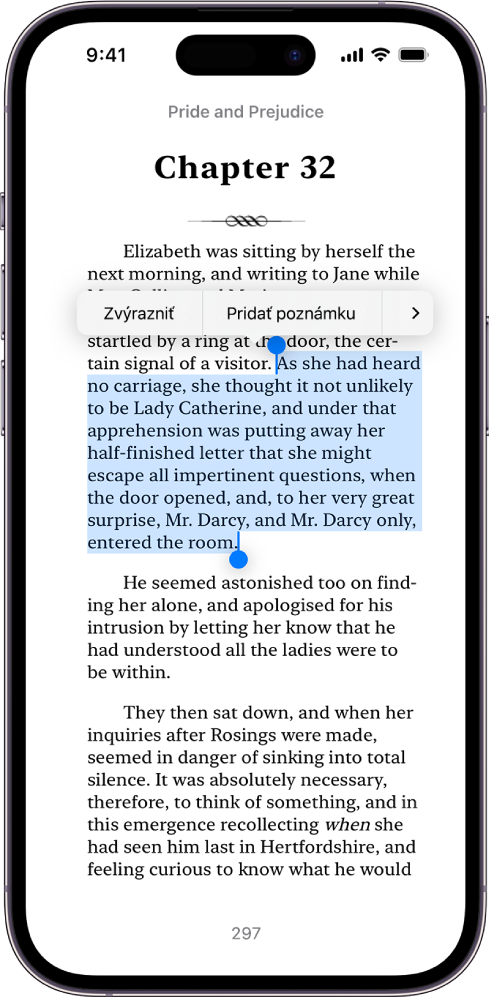 Strana knihy v apke Knihy s označenou časťou textu strany. Nad označeným textom sa nachádzajú ovládacie prvky Zvýrazniť, Pridať poznámku a Preložiť.