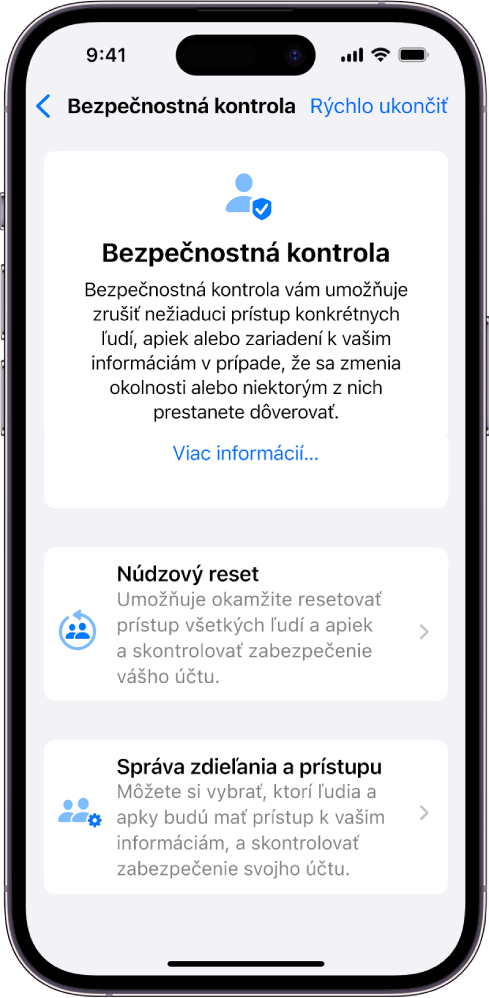 Obrazovka funkcie Bezpečnostná kontrola s informáciami o funkcii a tlačidlami Núdzový reset a Správa zdieľania a prístupu.