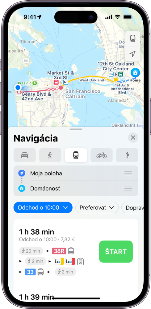 Mapa zobrazujúca trasy verejnou dopravou. Na karte trasy v dolnej časti sú uvedené podrobnosti trasy vrátane odhadovaného času cesty a celkovej ceny. Napravo od podrobností je tlačidlo Štart.