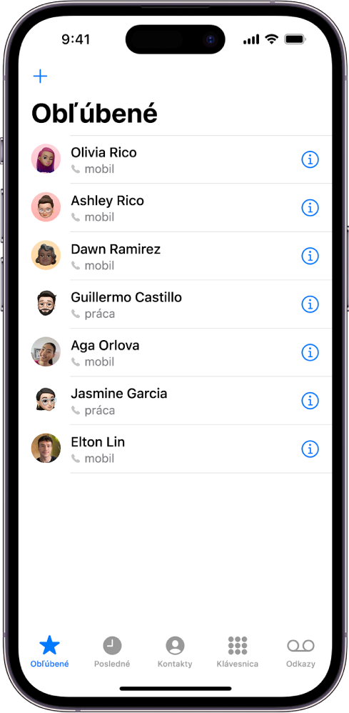 Obrazovka Obľúbené v apke Kontakty so zoznamom šiestich obľúbených kontaktov.