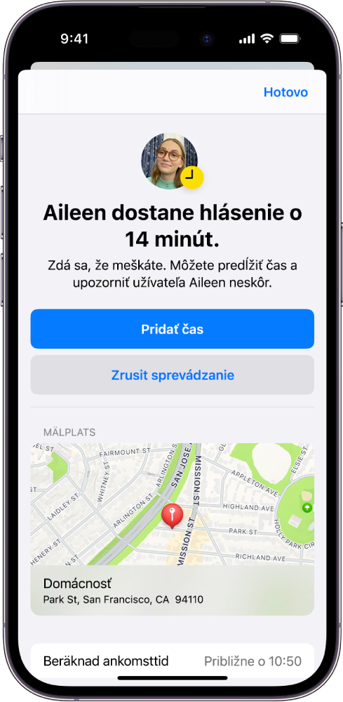 Obrazovka sprevádzania, na ktorej je uvedené, že priateľ dostane hlásenie o 14 minút. Nižšie sú možnosti na predĺženie času alebo zrušenie sprevádzania. V spodnej časti je mapa zobrazujúca aktuálnu polohu.
