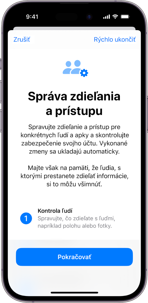 Obrazovka Správa zdieľania a prístupu s informáciami o fungovaní tejto funkcie. V dolnej časti je tlačidlo Pokračovať.