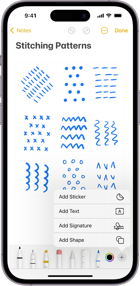 Orodna vrstica aplikacije Markup je odprta na dnu opombe v aplikaciji Notes in izbran je gumb Add v spodnjem desnem kotu zaslona. V meniju Add so na voljo naslednje možnosti: Add Sticker, Add Text, Add Signature in Add Shape.