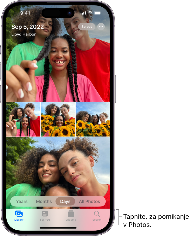 Knjižnica s fotografijami, prikazana v pogledu Days. Na celem zaslonu so prikazane sličice fotografij. Na zgornji levi strani zaslona sta prikazana datum in lokacija zajetja fotografij. Na zgornji desni strani zaslona sta gumba Select in More Options za deljenje fotografij ter prikaz podrobnosti. Pod sličicami so možnosti prikaza knjižnice s fotografijami po kategorijah Years, Months, Days in All Photos. Na dnu so prikazani gumbi Library, For You, Albums in Search.