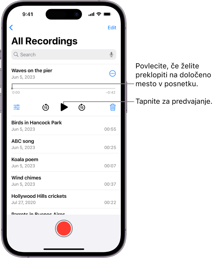 Zaslon seznama Voice Memos, na vrhu katerega je prikazan izbrani posnetek. Časovnica posnetka ima drsnik, ki ga lahko povlečete na točno določeno mesto v posnetku. Upravljalni elementi predvajanja so pod časovnico.