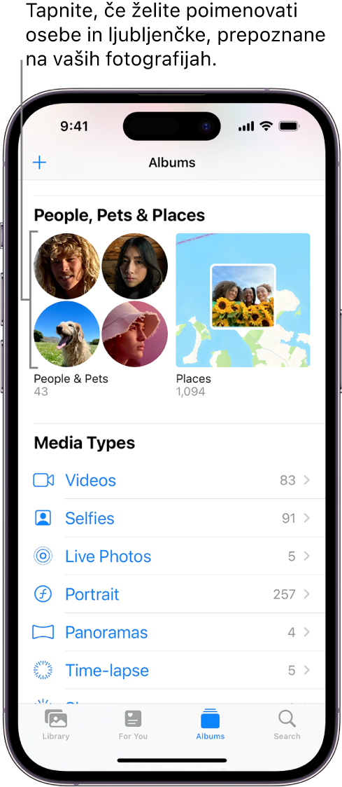 Zaslon Albums v aplikaciji Photos. Možnost People & Pets je na vrhu zaslona.