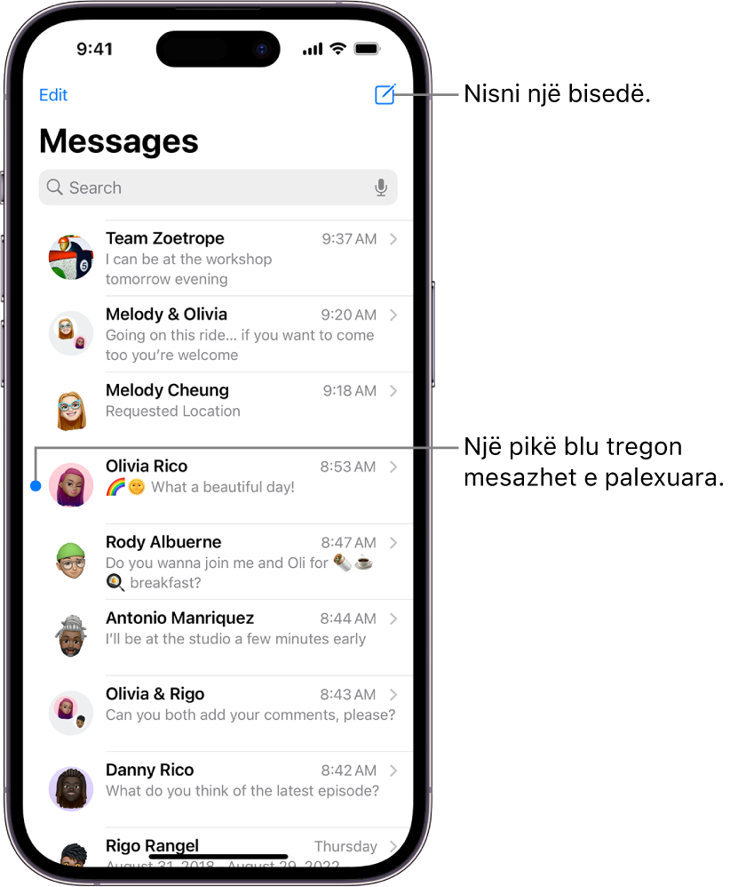 Lista e bisedave të Messages, me butonin Compose lart djathtas. Një pikë blu në të majtë të mesazhit tregon që është i palexuar.