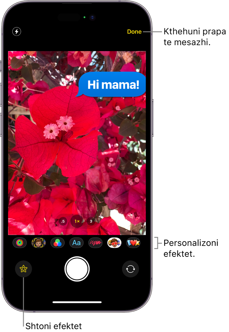 Modifikimi i fotografive brenda Messages. Opsionet për zbatimin e efekteve të ndryshme shfaqen poshtë fotos.