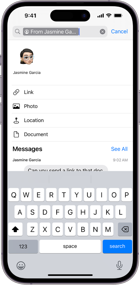 Поље за претрагу у апликацији Messages. Поље за претрагу садржи ознаку која ограничава претрагу на поруке истог пошиљаоца. Друге ознаке које можете да додате у поље за претрагу, Link, Photo, Location и Document, приказују се као опције.