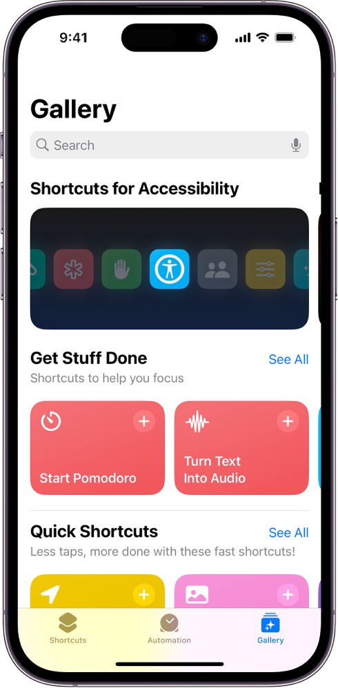 Екран Gallery у апликацији Shortcuts при чијем се врху налази поље за претрагу. Испод тога су три галерије: Shortcuts for Accessibility, Get Stuff Done и Quick Shortcuts. При дну екрана су дугмад Shortcuts, Automation и Gallery. Изабрано је дугме Gallery.