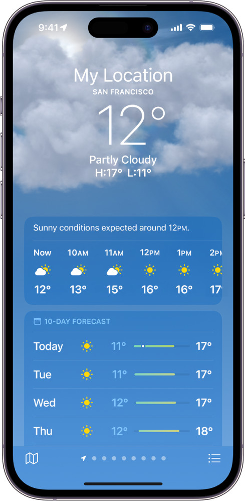 Екран Weather на ком су одозго надоле приказани: локација, тренутна температура, највиша и најнижа дневна температура, временска прогноза по сатима и за наредних десет дана. Ред са тачкама у доњем средишњем делу показује колико је локација наведено на листи локација. У доњем десном углу се налази дугме Location List, а у доњем левом углу се налази дугме Show Map.